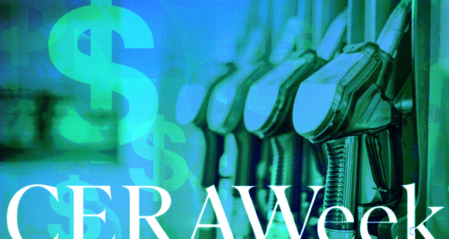 Gas station with money signs 