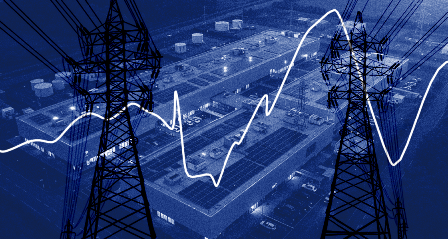 faded blue image of a data center, with powerlines and interupted line graph overlay