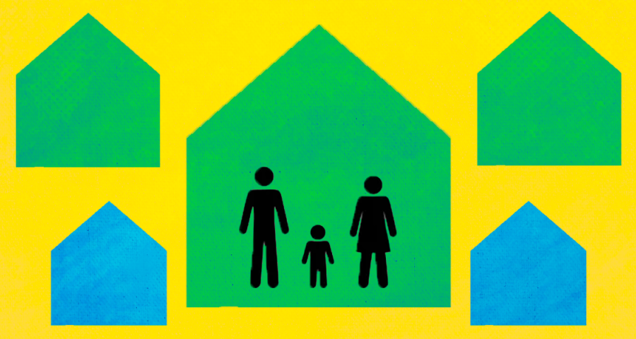 stick figures of two parents and a child in the center of a green, house-shaped background surrounded by other house shapes