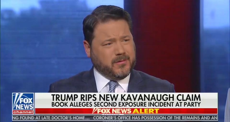 Ben DOmenech speaking above a chyron that reads: "Trump rips new Kavanaugh claim, book alleges second exposure incident at party."
