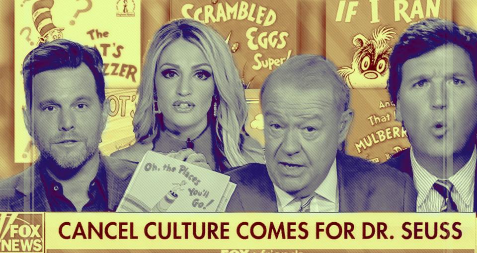 Dave Rubin, Carley Shimkus, Stuart Varney, and Tucker Carlson in front of a collection of Dr. Seuss books