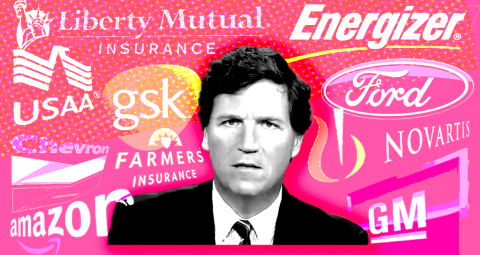 Tucker Carlson with advertiser logos