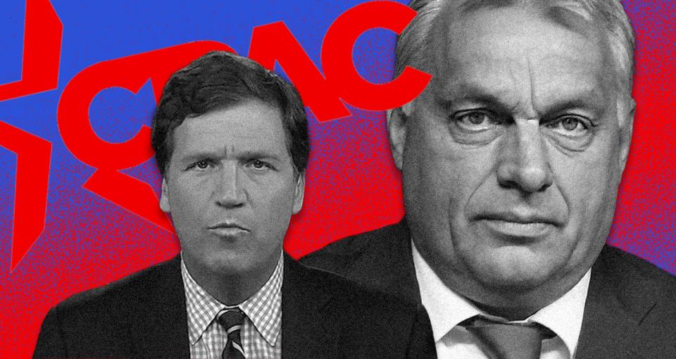 Viktor Orban and Tucker Carlson looking menacing against a background of CPAC logo