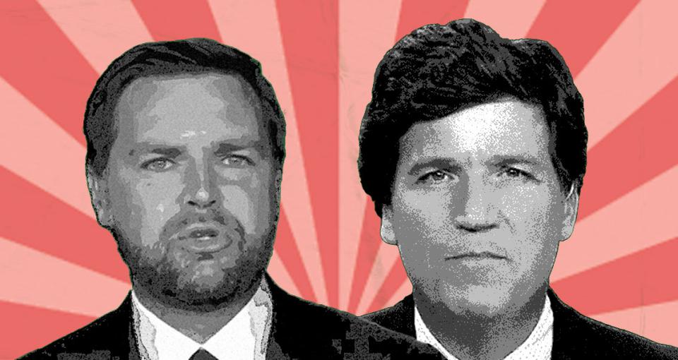 headshots of JD Vance / Tucker Carlson against a radiant background
