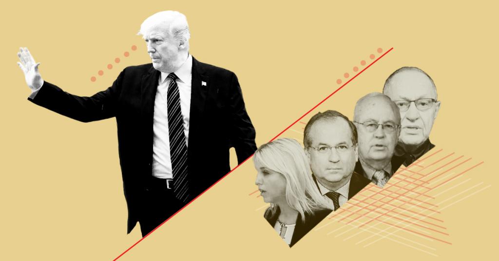 A stylized image of President Donald Trump waving, with headshots of Pam Bondi, Robert Ray, Alan Dershowitz, and Ken Starr