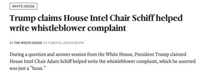 McClatchy: "Trump claims House Intel Chair Schiff helped write whistleblower complaint"