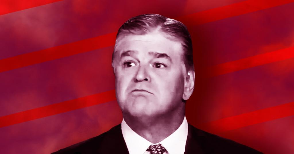 Fox News host Sean Hannity makes a frowning face. His image, turned black and white, is superimposed over a crimson textured background.