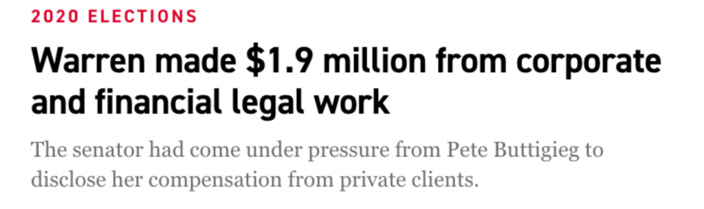 "Warren made $1.9 million from corporate and financial legal work"