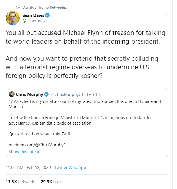 Trump retweet of Sean Davis' February 18, 2020 tweet about the Logan Act