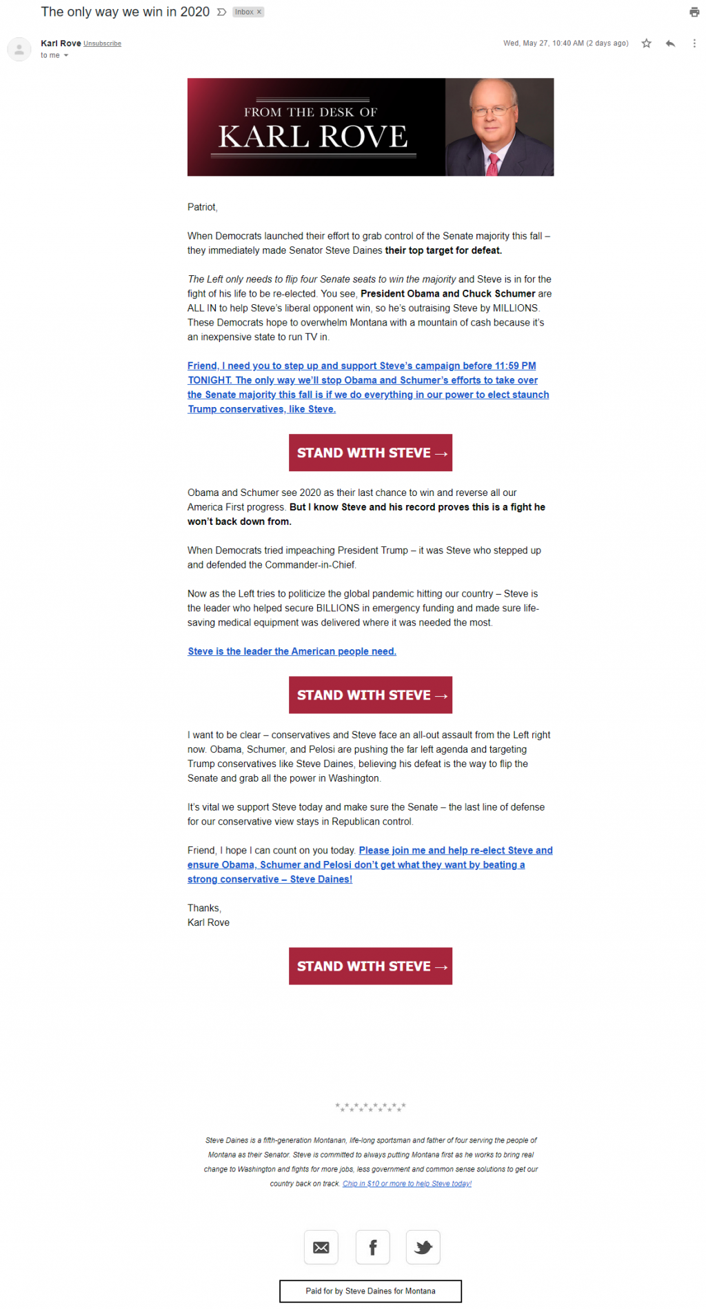 Karl Rove's email for Steve Daines Media Matters for America