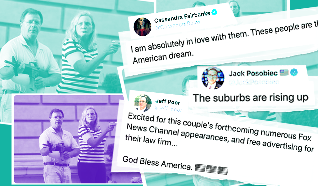 image of a couple who brandished guns at peaceful protesters outside their home overlaid with tweets from right-wing media figures praising them