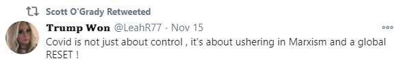 An image of Scott O'Grady retweeting a claim about COVID-19 and control
