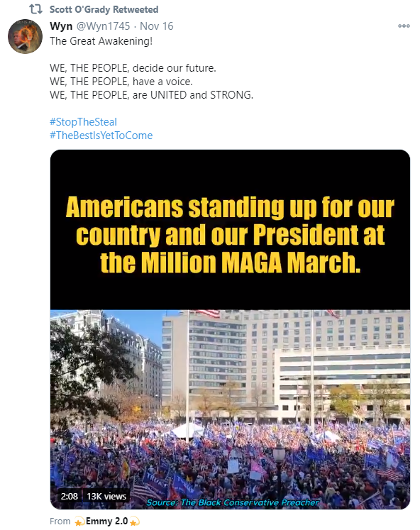 An image of Scott O'Grady promoting a QAnon account