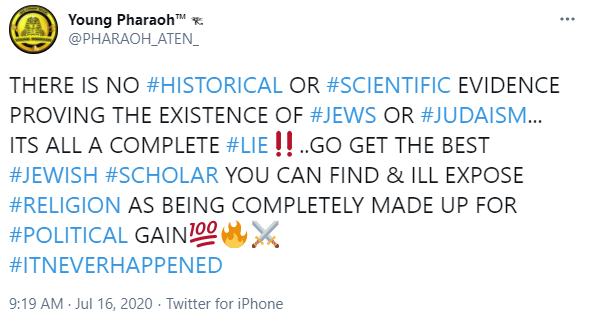 Young Pharaoh anti-Semitic tweet: "THERE IS NO #HISTORICAL OR #SCIENTIFIC EVIDENCE"