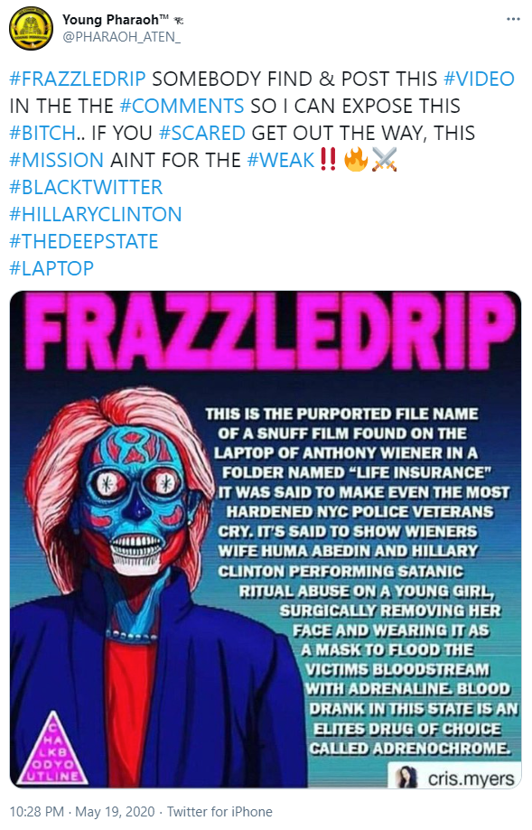 Young Pharaoh promotes "Frazzledrip" meme