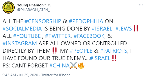 Young Pharaoh: "ALL THE #CENSORSHIP & #PEDOPHILIA ON #SOCIALMEDIA IS BEING DONE BY #ISRAELI #JEWS"