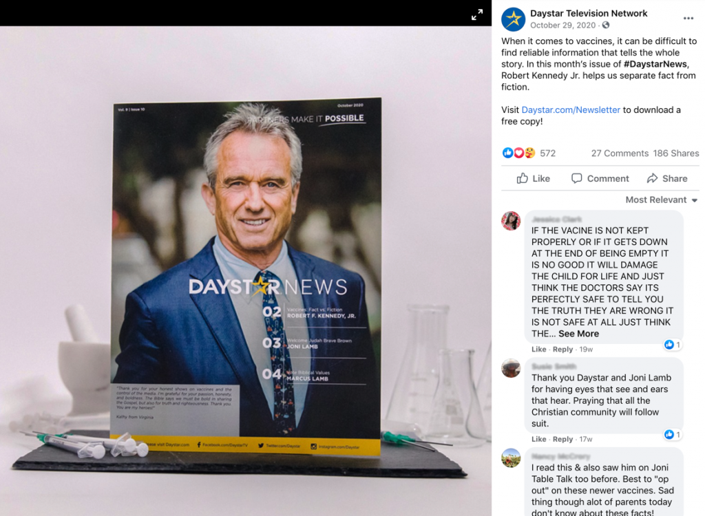 Robert F. Kennedy, Jr., on the cover of Daystar's newsletter