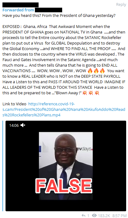 Screenshot of a message in Telegram spreading COVID-19 misinformation
