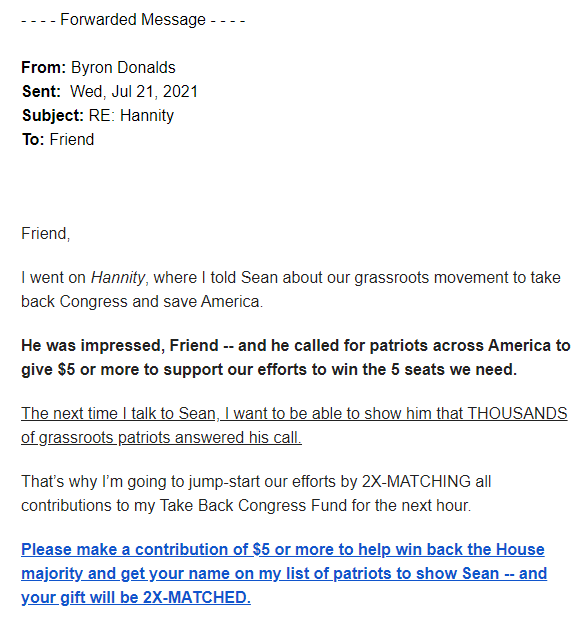 Rep. Byron Donalds July 26 email excerpt