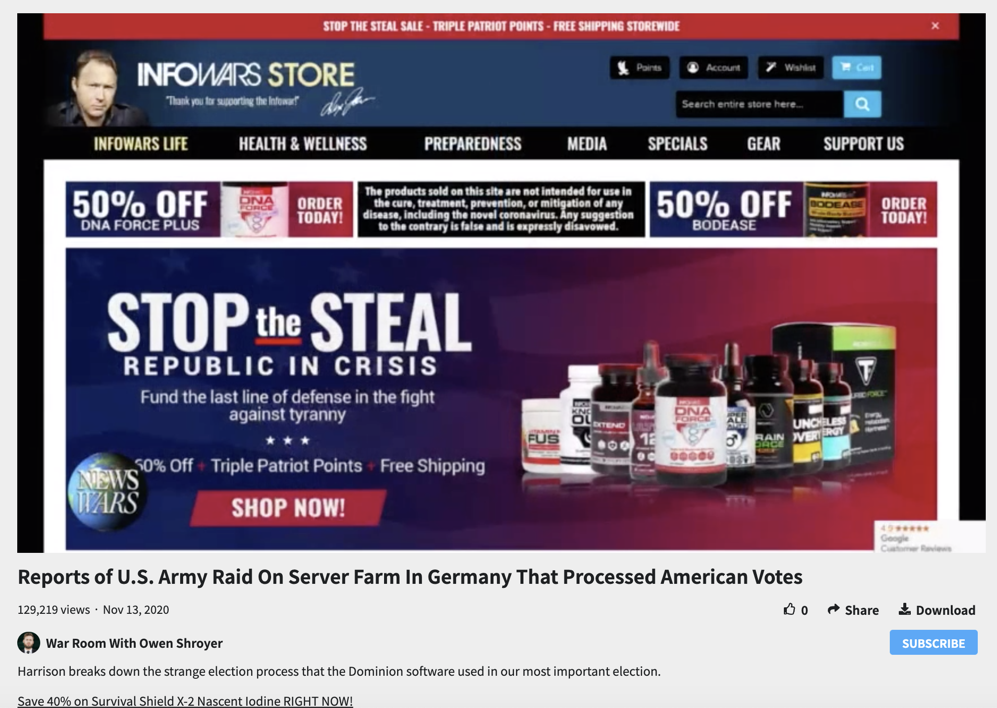 Infowars tells viewers to "stop the steal" by buying Infowars products
