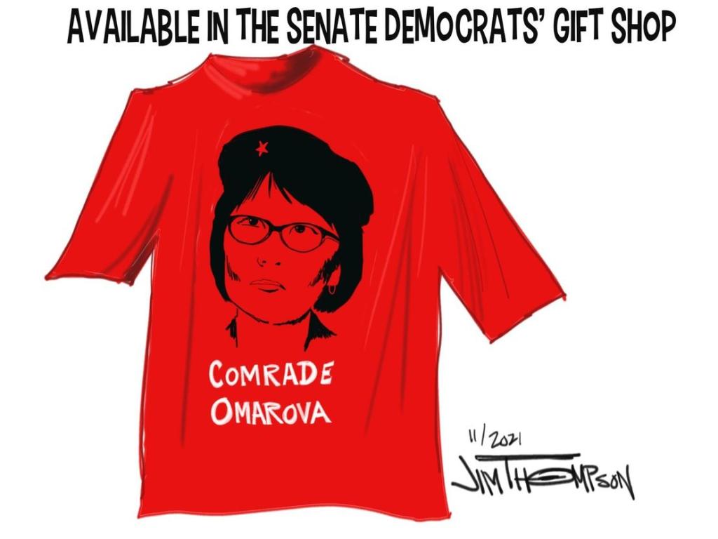 Omarova’s face on a Che Guevara-like t-shirt that read, “Available in the Senate Democrats’ Gift Shop”