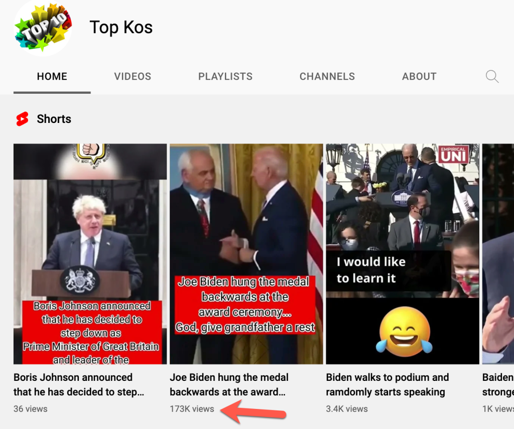 YouTube Short Biden medal video views