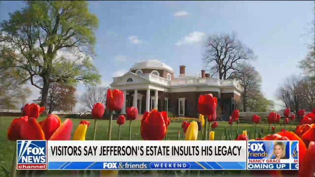 An image of Thomas Jefferson's home with flowers in the foreground and the on-air graphic reading: "Visitors say Jefferson's estate insults his legacy."