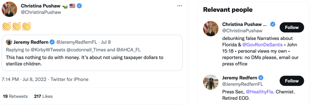 Healthy Florida Press Secretary: This has nothing to do with money. It’s about not using taxpayer dollars to sterilize children.