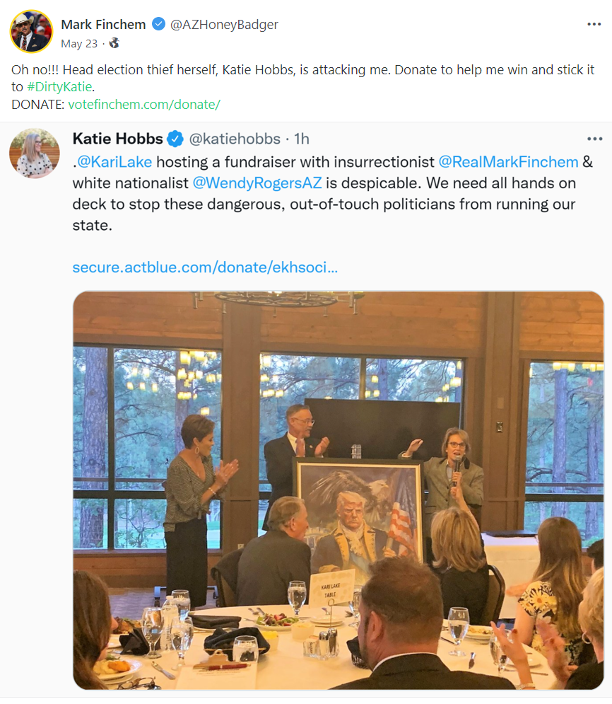 Mark Finchem asks for donations: "Oh no!!! Head election thief herself, Katie Hobbs, is attacking me. Donate to help me win and stick it to #DirtyKatie."