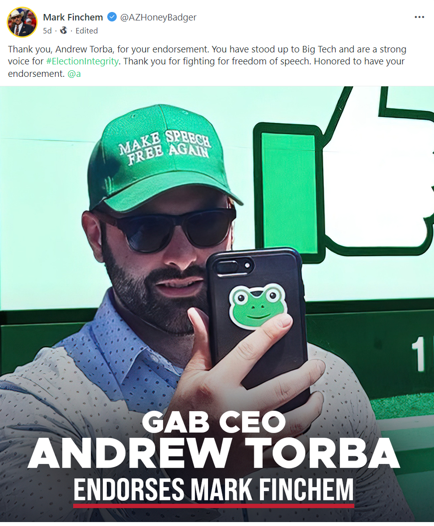 Mark Finchem says he's "honored" to receive Andrew Torba's endorsement