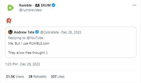 A screenshot of a tweet from Rumble, retweeting Andrew Tate