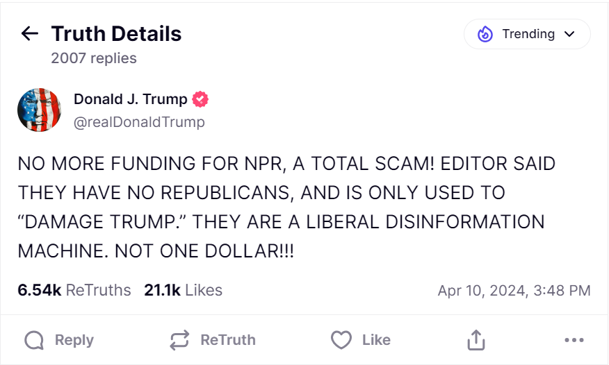 how to research assignment Trump truth social post