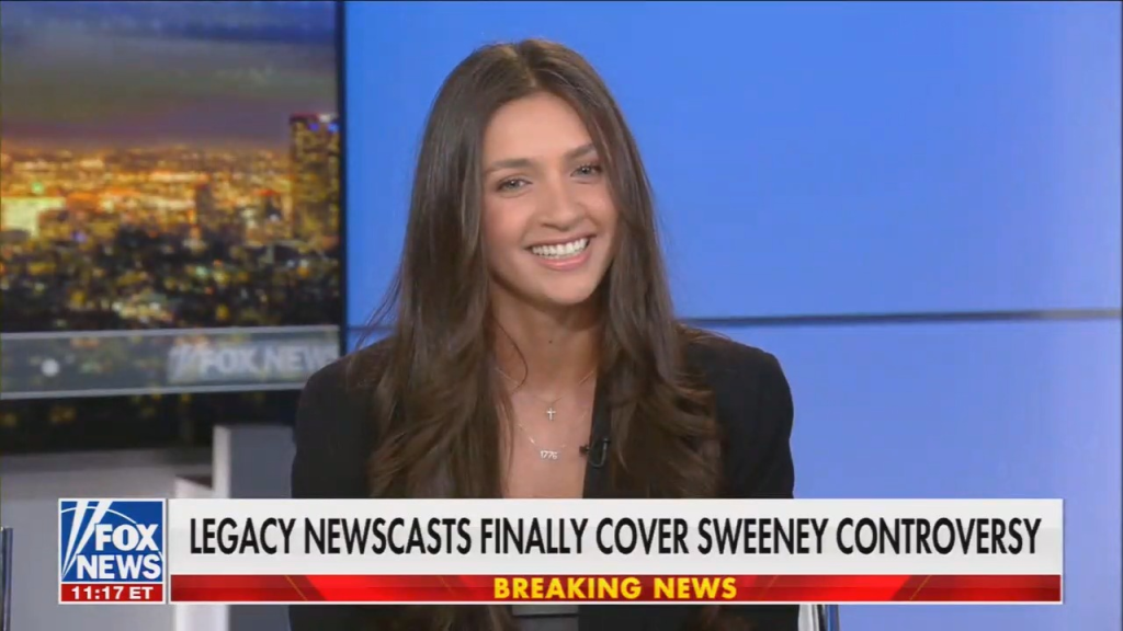 Chyron on Fox stating that broadcast news has finally covered the Sidney Sweeney story