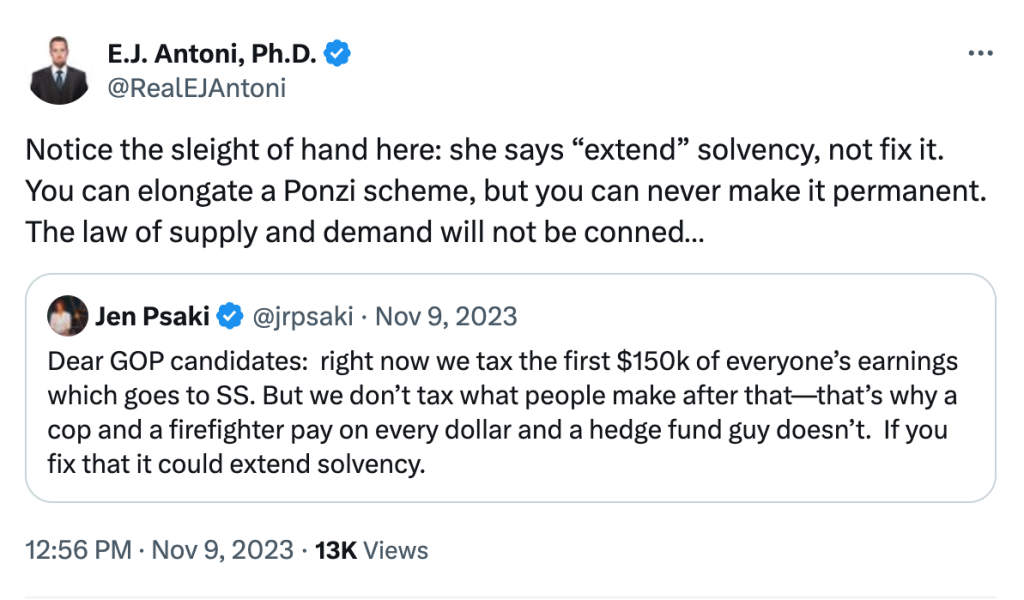 Notice the sleight of hand here: she says “extend” solvency, not fix it. You can elongate a Ponzi scheme, but you can never make it permanent. The law of supply and demand will not be conned…