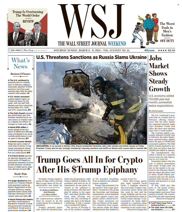 Wall Street Journal front page with headline "Trump Goes All In for Crypto After His $Trump Epiphany"