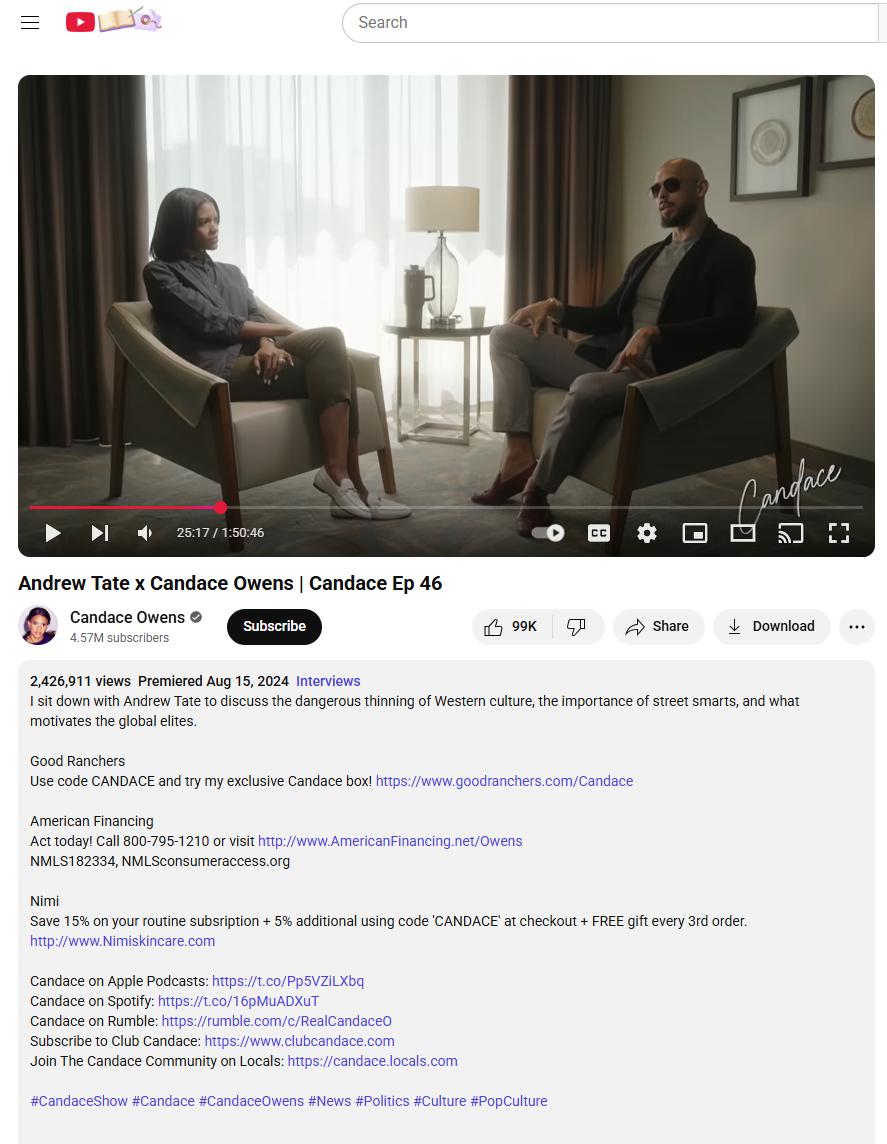 Candace Owens platforms Andrew Tate