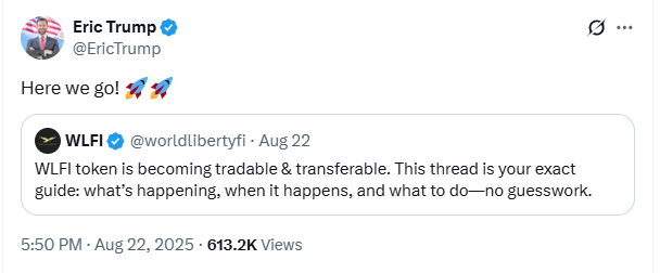 A post by Eric Trump on X that says "Here we go! 🚀🚀" in response to a World Liberty Financial post