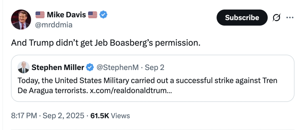 Mike Davis tweet reads: "And Trump didn’t get Jeb Boasberg’s permission."