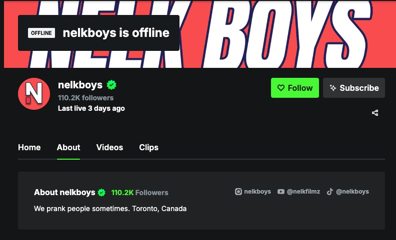 Screenshot of the Nelk Boys' Kick bio: "We prank people sometimes. Toronto, Canada"