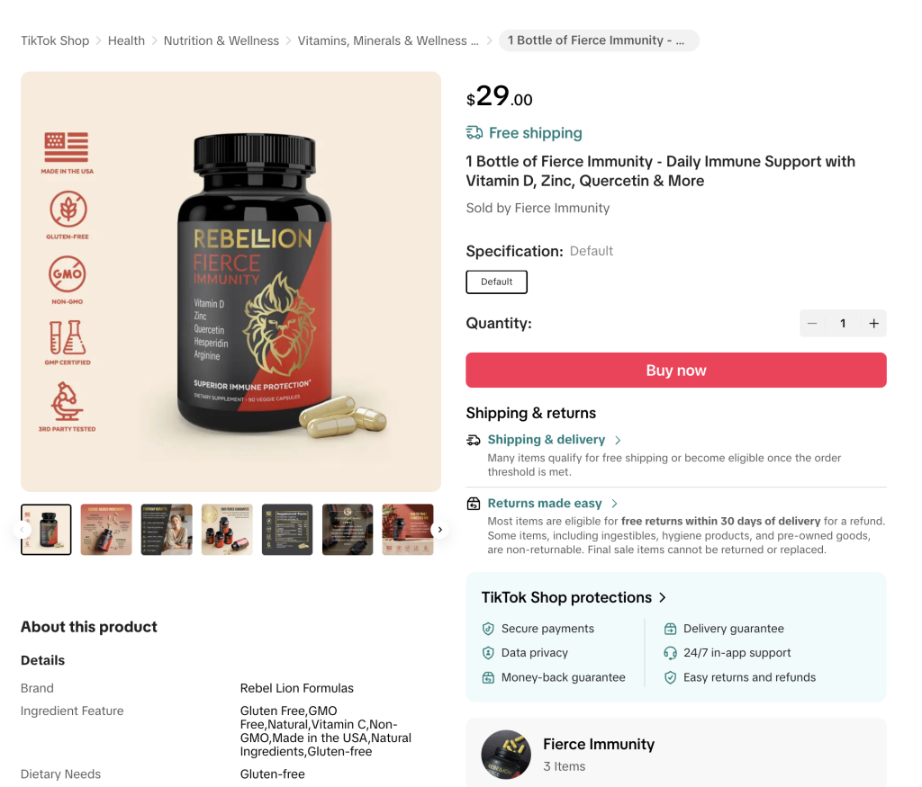 Rebel Lion's Fierce Immunity supplement that will supposedly "supercharge your immune system" 