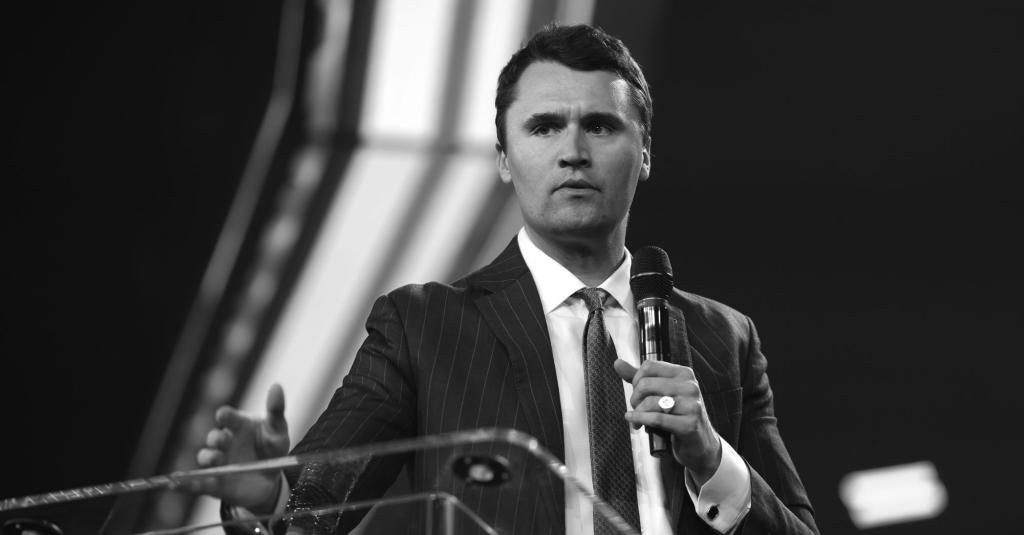 Black and white image of Charlie Kirk