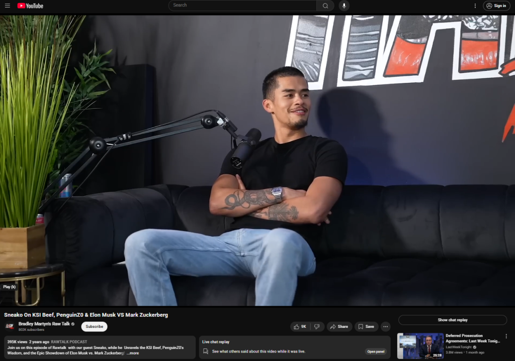 Screenshot of Sneako on Bradley Martyn's Raw Talk 