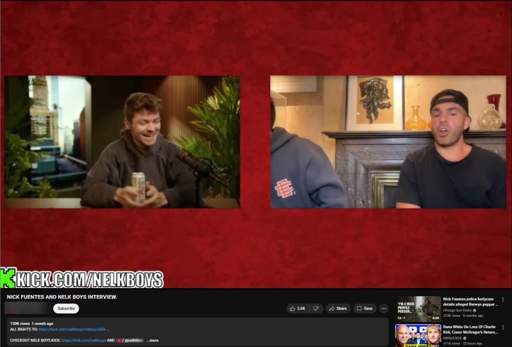 Screenshot of someone's upload of Nelk's interview with Fuentes uploaded to YouTube, linking to their original Kick stream in the description