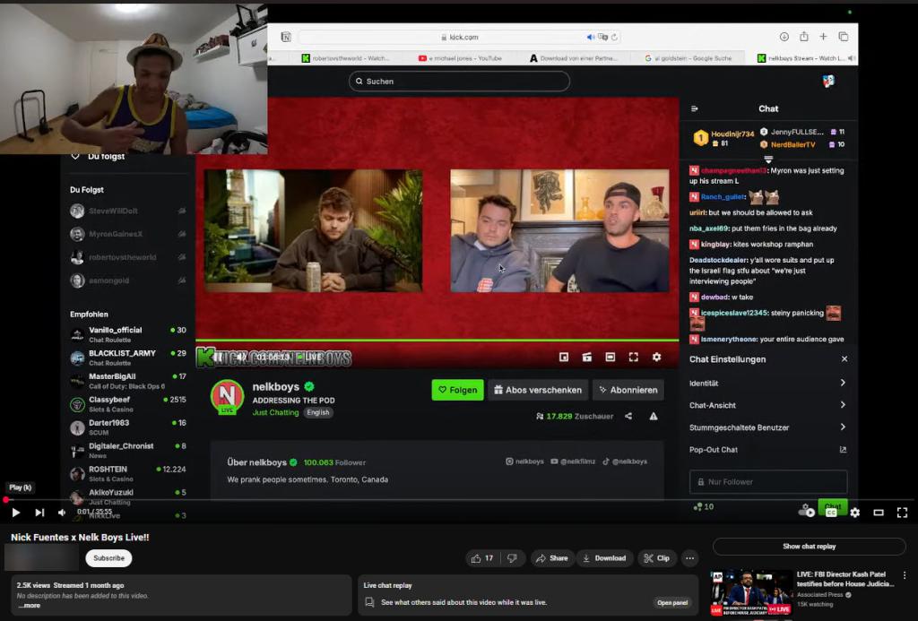 Screenshot of an individual's stream of Nelk Boys' Kick Stream with Fuentes, showing the title of their now-deleted stream on Kick 