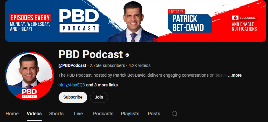 icon and banner for PBD Podcast's YouTube channel showing 2.75M subscriber count