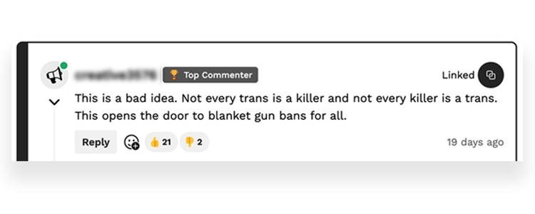 Daily Wire commenter states: "This is a bad idea. Not every trans is a killer and not every killer is a trans. This opens the door to gun bans for all."
