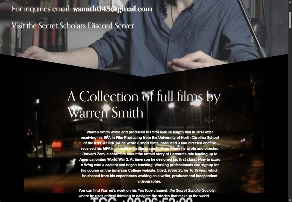 Screenshot of Warren Smith's website which says he "uses critical thinking to navigate the stories that makeup the world.”