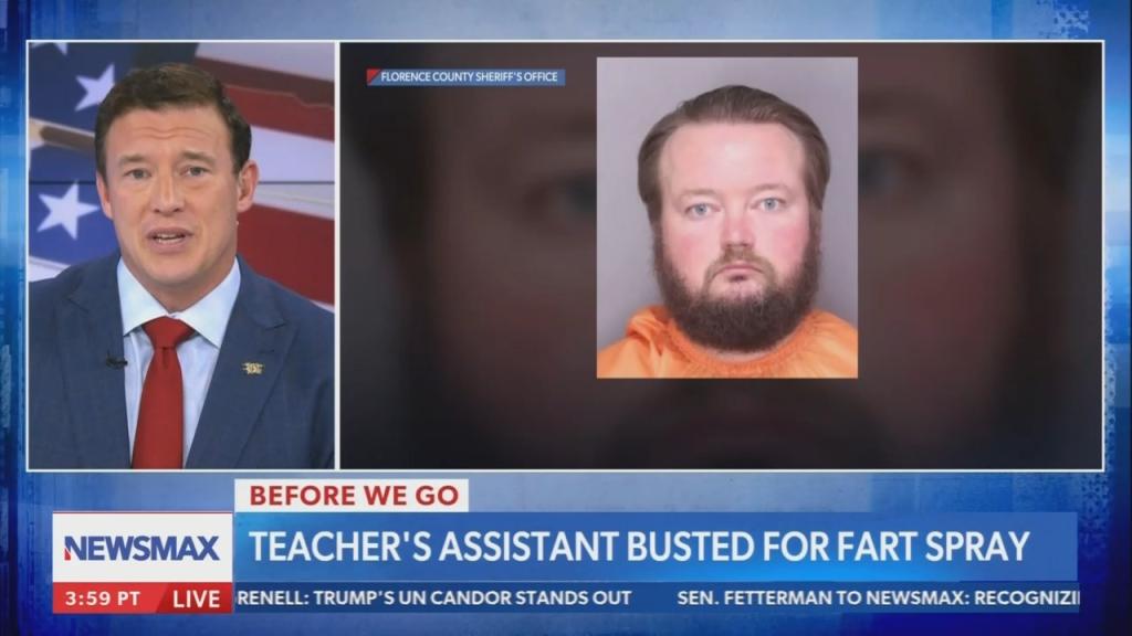 Newsmax screenshot saying assistant teacher arrested for fart spray 