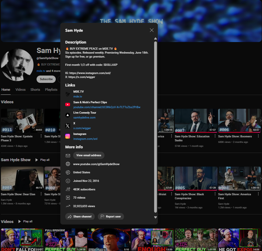 Screenshot of Sam Hyde's youtube page 