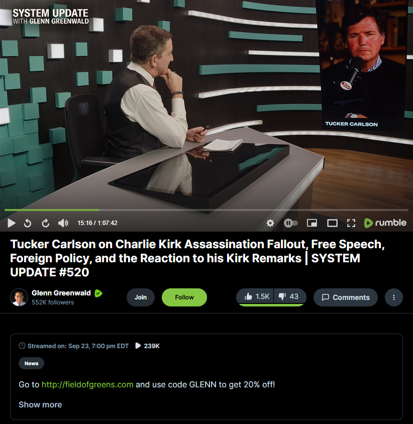 Screenshot from the September 23, 2025, edition of System Update with Glenn Greenwald on Rumble with Tucker Carlson 